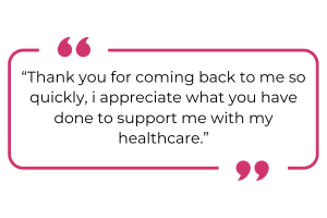 "Thank you for coming back to me so quickly, I appreciate what you have done to support me with my healthcare."